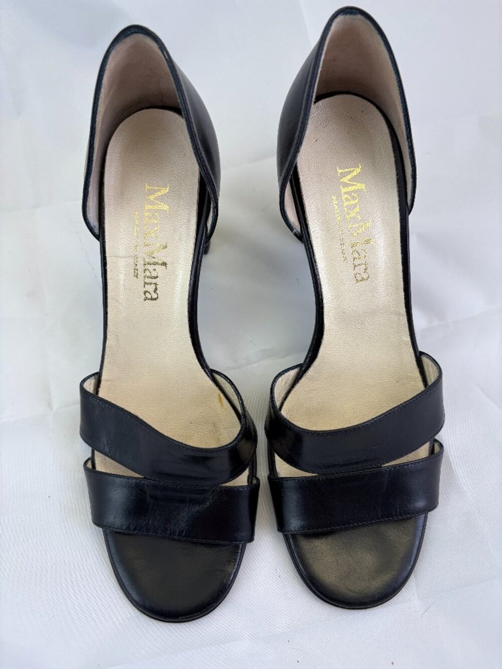 Max Mara Black Leather Double Strap Block Heel Sandals EU 37.5 US 7.5